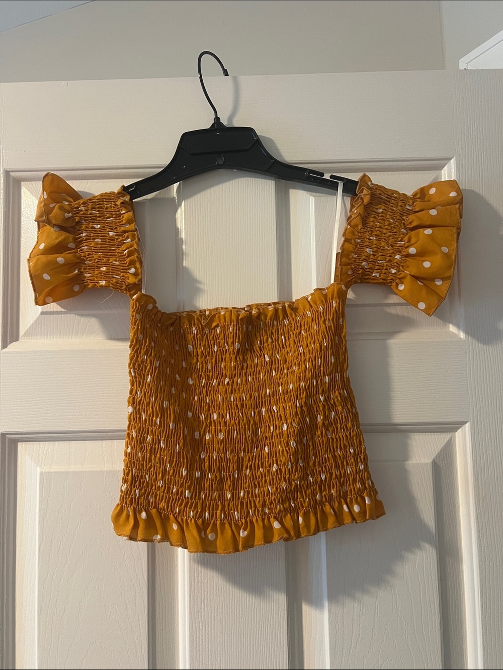 Smocked Mustard Polka Dot Puff Sleeve Crop Top